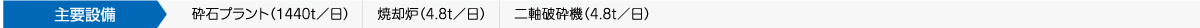 主要設備 / 砕石プラント( 1440t/日) / 焼却炉( 4.8t/日) / 二輪破砕機( 4.8t/日)